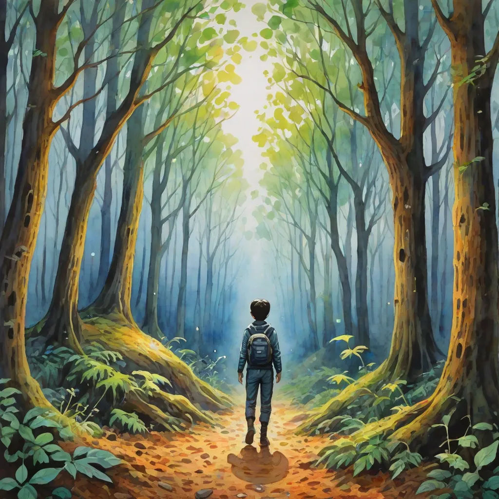 a painting of a person walking through a forest with trees and leaves on the ground, with a light shining through the trees, fantastic realism, a storybook illustration, Dan Mumford, promotional image