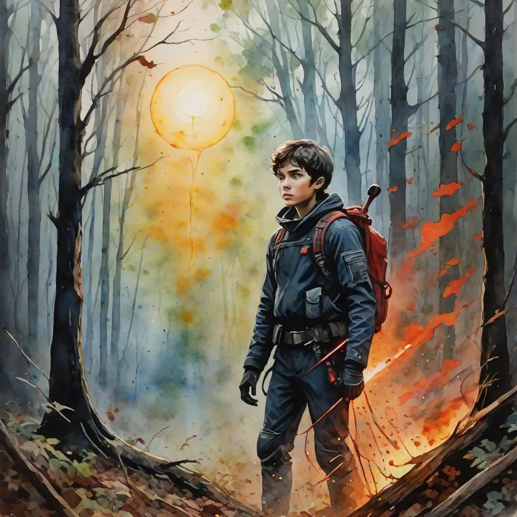 a painting of a boy in a forest with a backpack on his back and a fire in the background, sots art, poster art, Craig Davison, official art