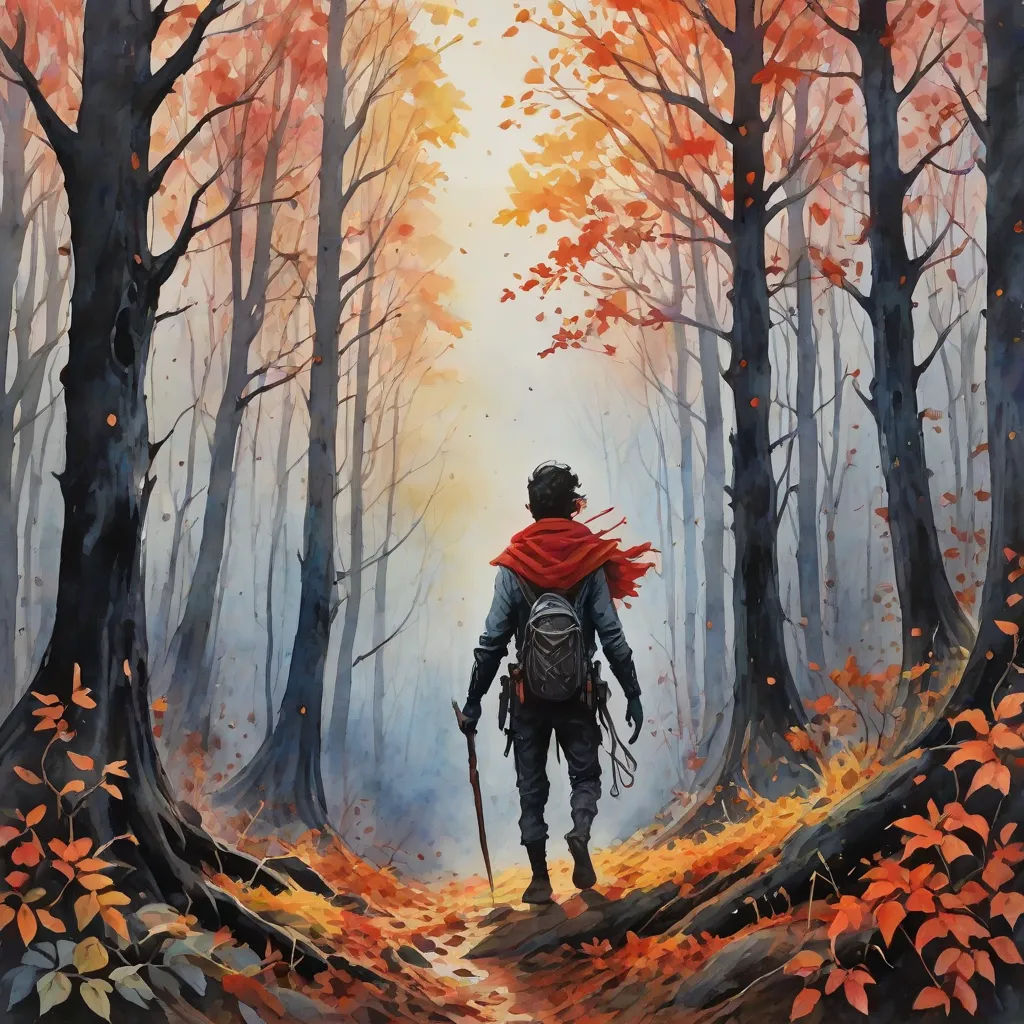 a painting of a man walking through a forest with a backpack on his back and a red scarf on his shoulders, fantasy art, a fine art painting, Anato Finnstark, comic cover art