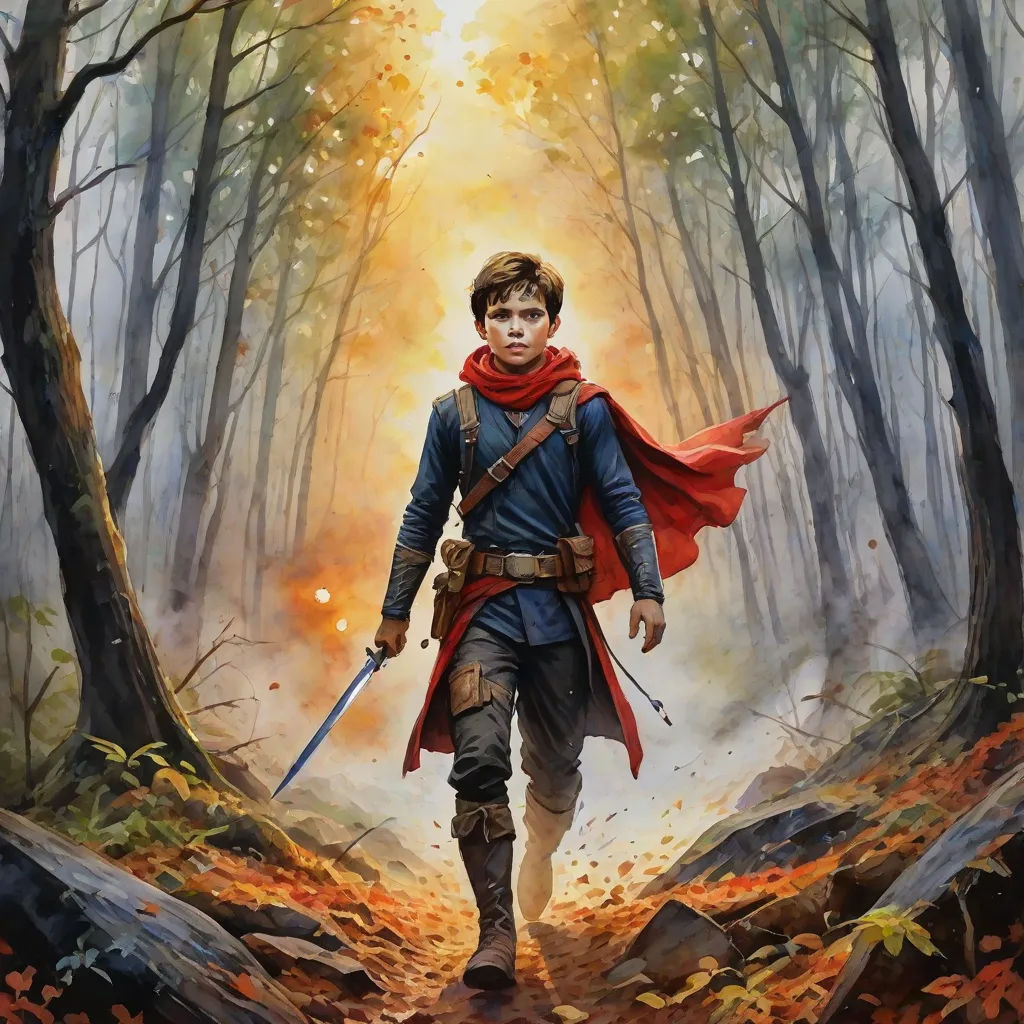 a painting of a man in a red cape walking through a forest with a sword in his hand and a red scarf around his neck, fantasy art, concept art, Aleksi Briclot, official art