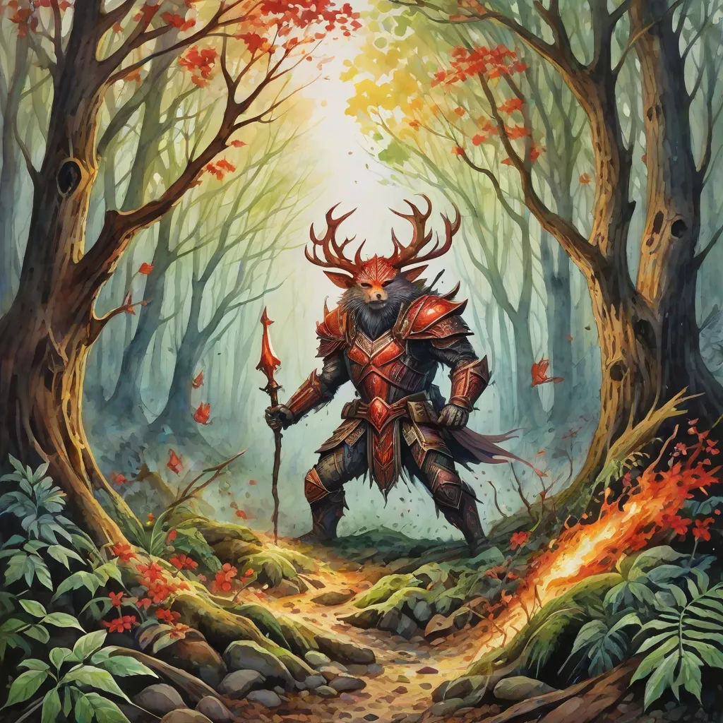 a painting of a demon in the woods with a sword and a demon on his back, holding a staff, fantasy art, concept art, Alex Horley, magic the gathering artwork