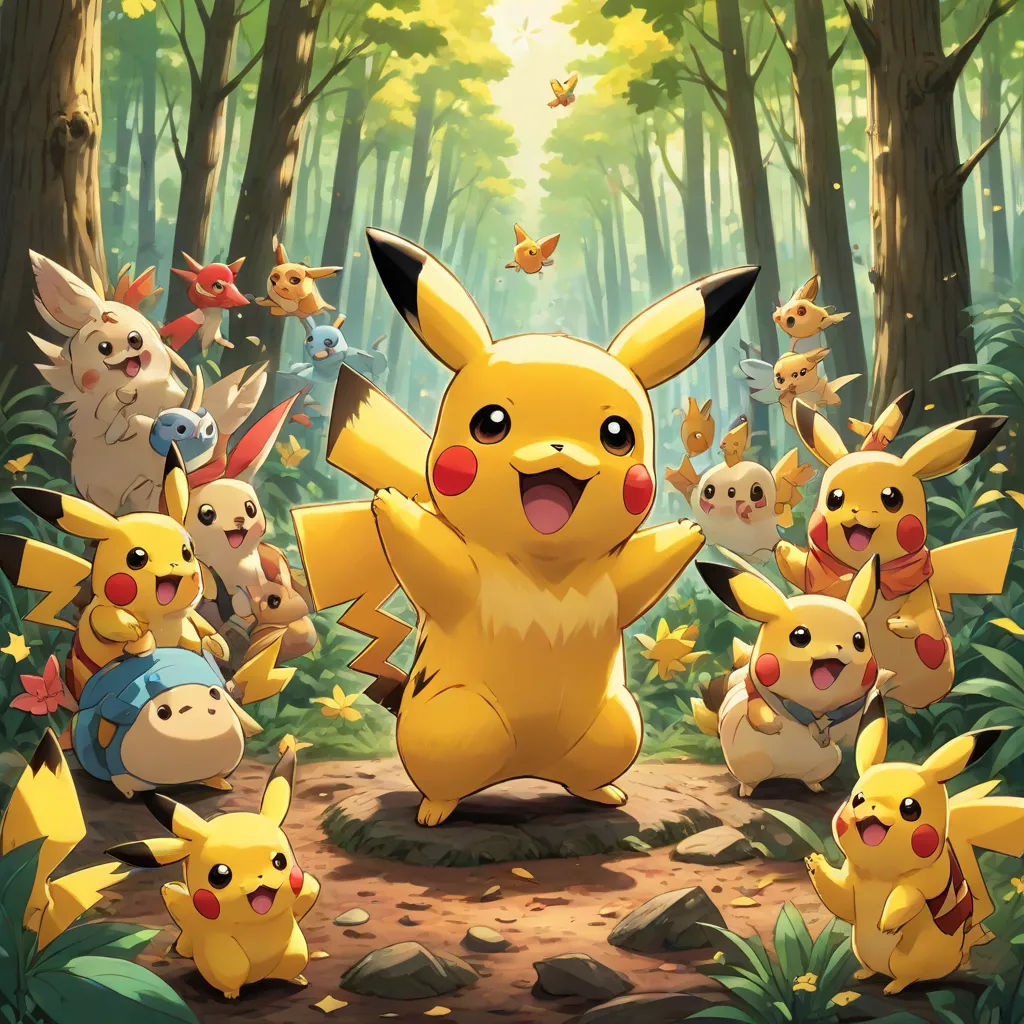 a group of pikachu in a forest with a butterfly flying above them and a forest background with trees and leaves, rayonism, poster art, Chris LaBrooy, pokemon