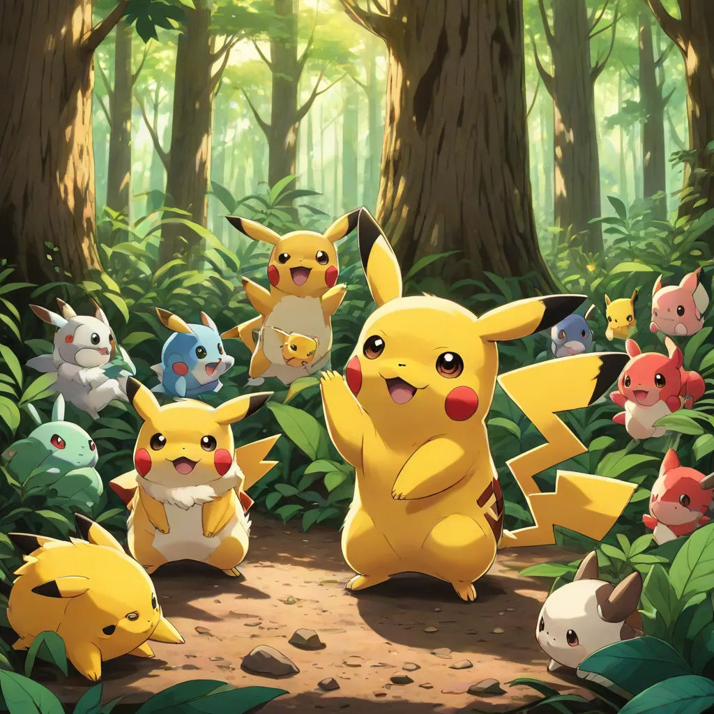 a group of pokemons in a forest with trees and bushes in the background, with a few of them standing in the middle of the forest, shock art, poster art, Chris LaBrooy, official art