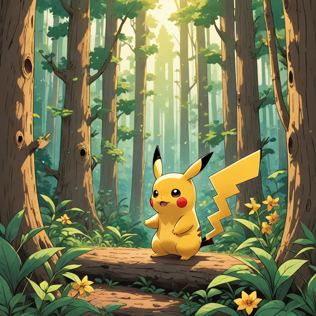 a pikachu sitting on a log in a forest with trees and flowers around it, with a pokemon pikachu in the foreground, shock art, poster art, Chris LaBrooy, official art