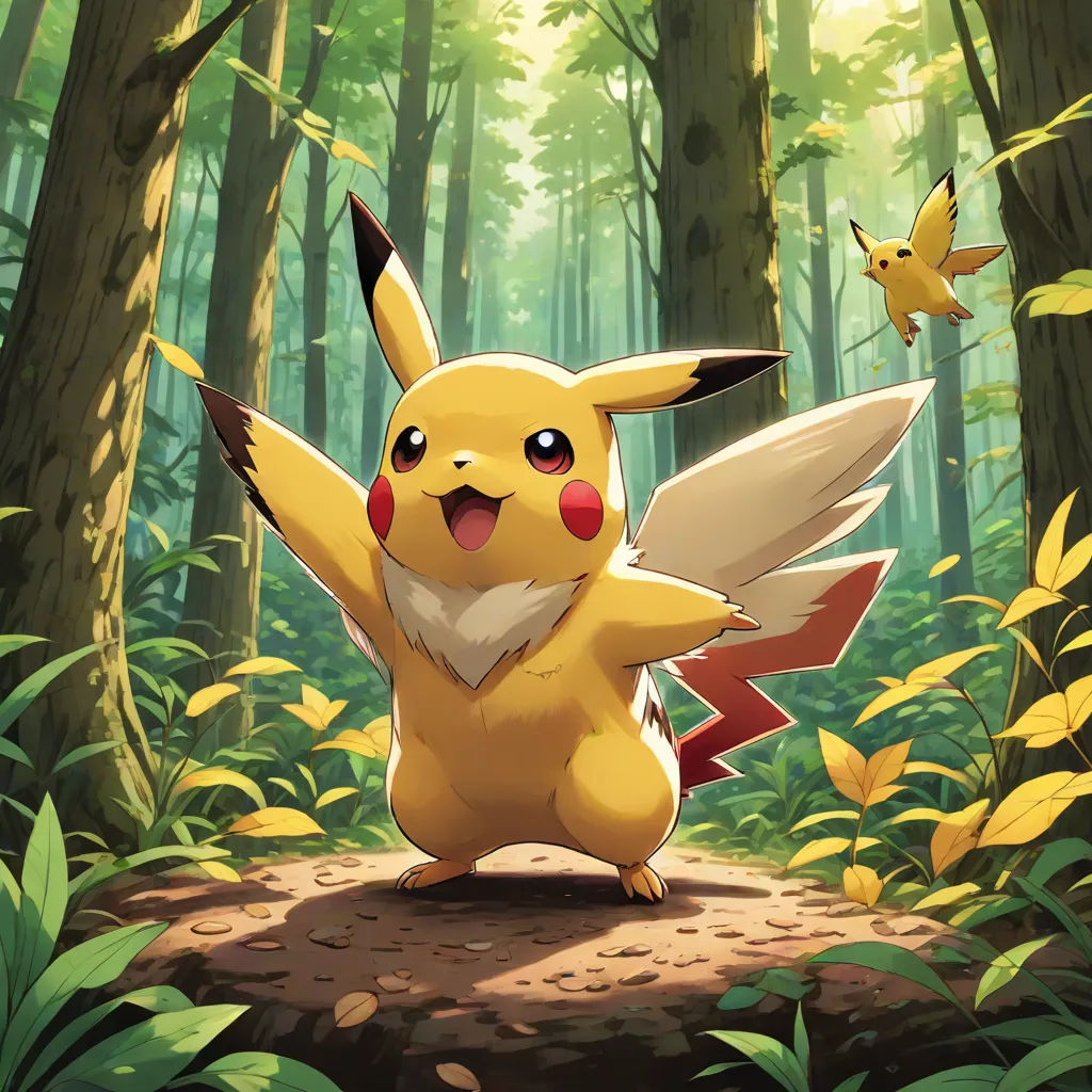 a pikachu is standing on a rock in the woods with two birds flying around him and a forest background, altermodern, concept art, Eddie Mendoza, official art