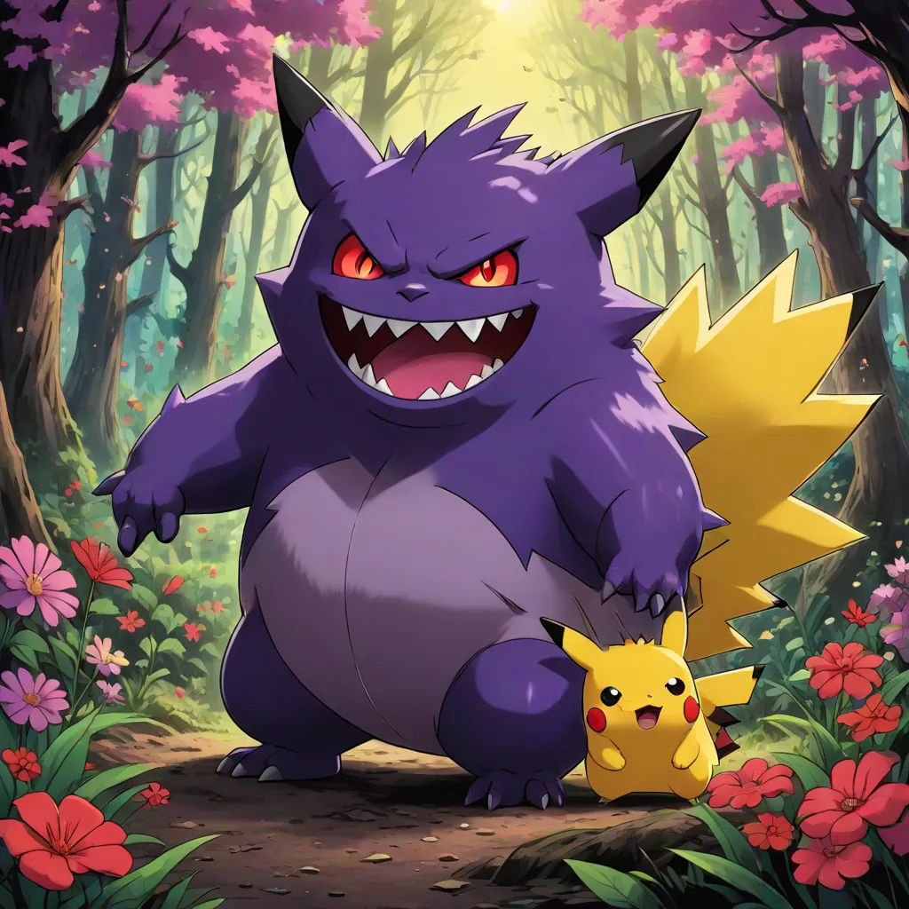 a cartoon of a big furry pokemon and a baby pikachu in a forest with flowers and trees, shock art, concept art, Chris LaBrooy, official art