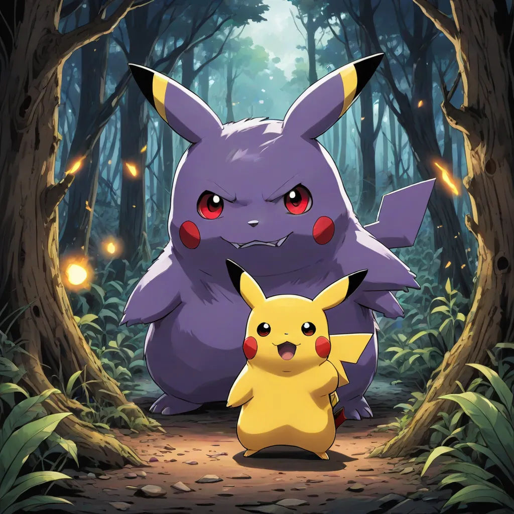 a cartoon of a pikachu and a pikachu sitting in a forest with fireflies around, shock art, poster art, Baiōken Eishun, official art