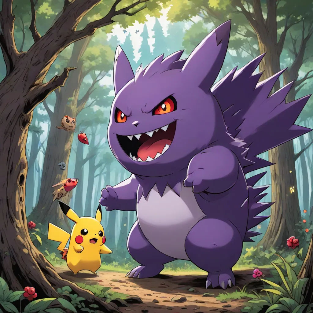 a cartoon of a pokemon and a pikachu in a forest with trees and flowers, with a bird flying by, shock art, concept art, Chris LaBrooy, official art
