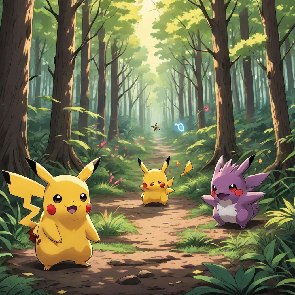 a group of pokemons walking through a forest with trees and bushes on either side of the path, with a blue circle in the middle, shock art, concept art, Chris LaBrooy, official art