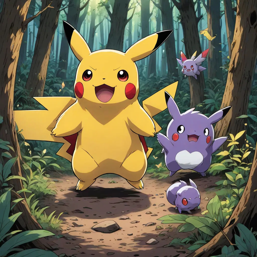 a group of pokemons in a forest with trees and bushes around them, with a person standing in the foreground, shock art, poster art, Baiōken Eishun, official art
