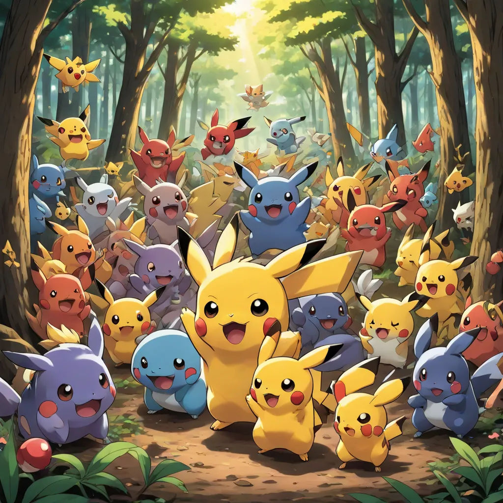 a group of pikachu standing in a forest with trees and bushes in the background, all of them are smiling, shock art, poster art, Chris LaBrooy, pokemon