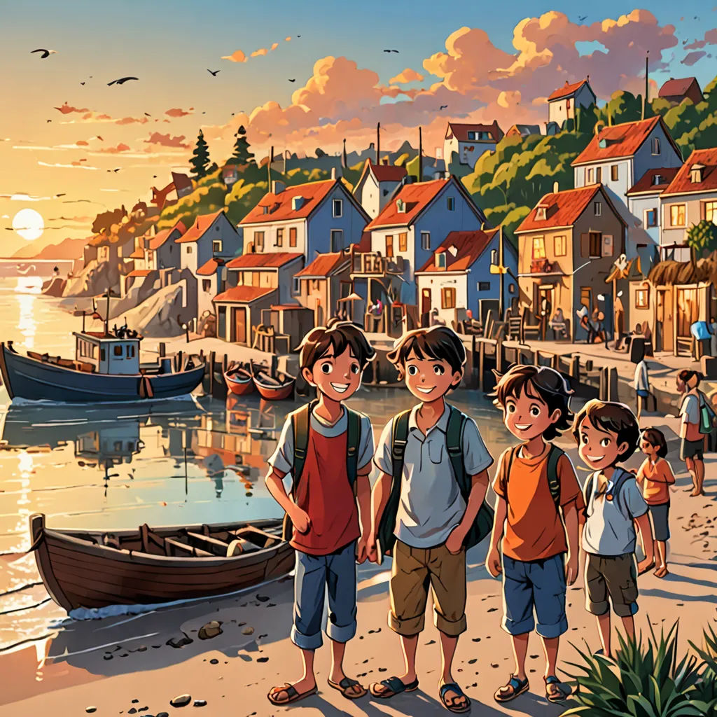 a group of children standing on a beach next to a boat in the water and a sunset in the background, magic realism, a storybook illustration, Brothers Hildebrandt, official art