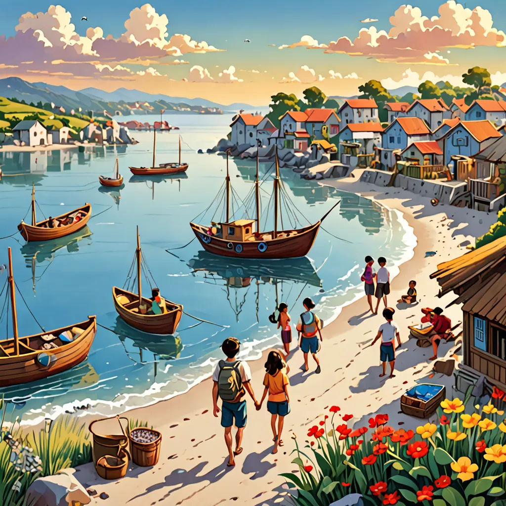a painting of a beach with boats and people walking on it and a sunset in the background with clouds, naive art, a detailed matte painting, Colin Middleton, kinkade