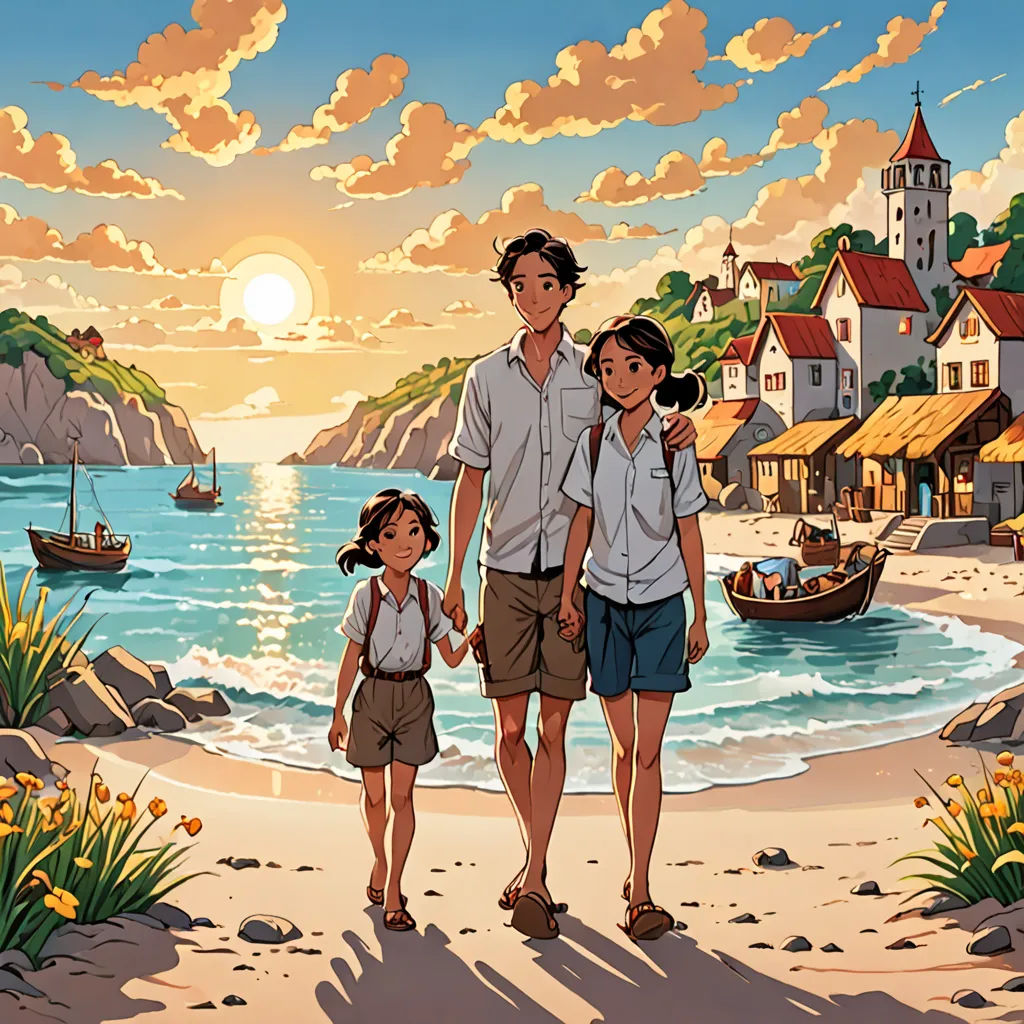 a man and two children walking on a beach with a boat in the background and a sunset in the sky, magic realism, a storybook illustration, Brothers Hildebrandt, official art