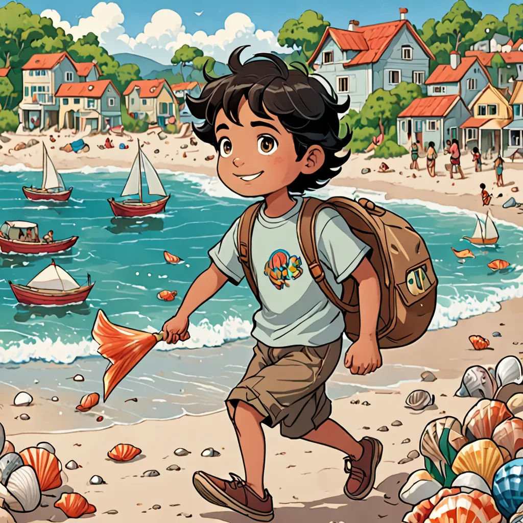 a boy is walking on the beach with a fish in his hand and a backpack on his back is holding a fish in his hand, plein air, a storybook illustration, Cliff Childs, comic cover art