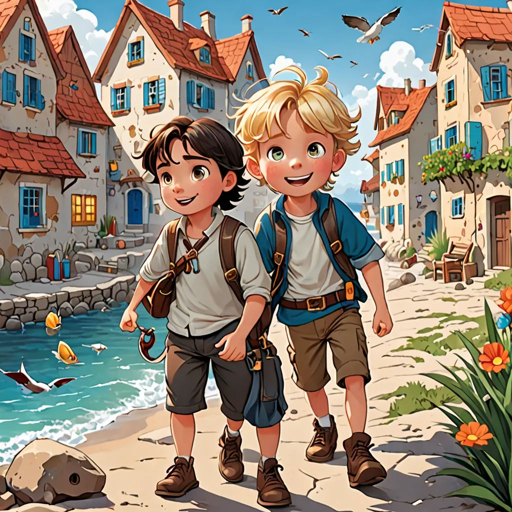 two children are walking down a path near a river and a village with birds flying overhead and a bird flying overhead, fantasy art, a storybook illustration, Brothers Hildebrandt, storybook illustration