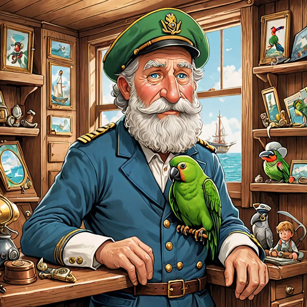 a man in a military uniform holding a green parrot in his hand and a shelf with pictures on it, sots art, a character portrait, Cliff Childs, highly detailed digital painting