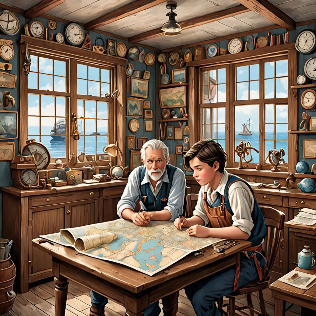 a painting of two people sitting at a table looking at a map and a compass in a room with clocks on the walls, arts and crafts movement, a storybook illustration, Bob Byerley, highly detailed digital painting