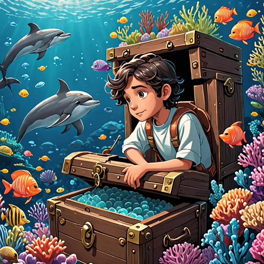 a boy is looking out of a chest in the ocean with dolphins and dolphins around him, and a dolphin is swimming in the water, fantasy art, a storybook illustration, Diego Gisbert Llorens, rossdraws global illumination