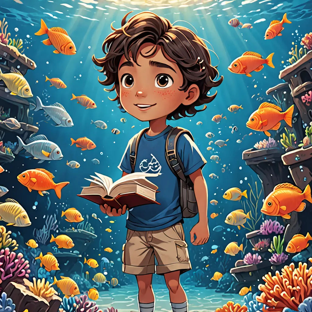 a boy standing in front of a book under water with fish and corals around him, reading a book, fantasy art, a storybook illustration, Cliff Childs, rossdraws global illumination
