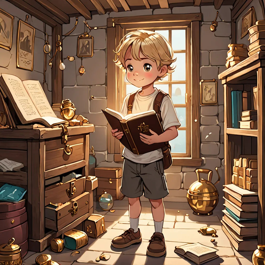 a boy is reading a book in a room with a window and a desk full of books and a bookcase, fantasy art, a storybook illustration, Diego Gisbert Llorens, rossdraws global illumination