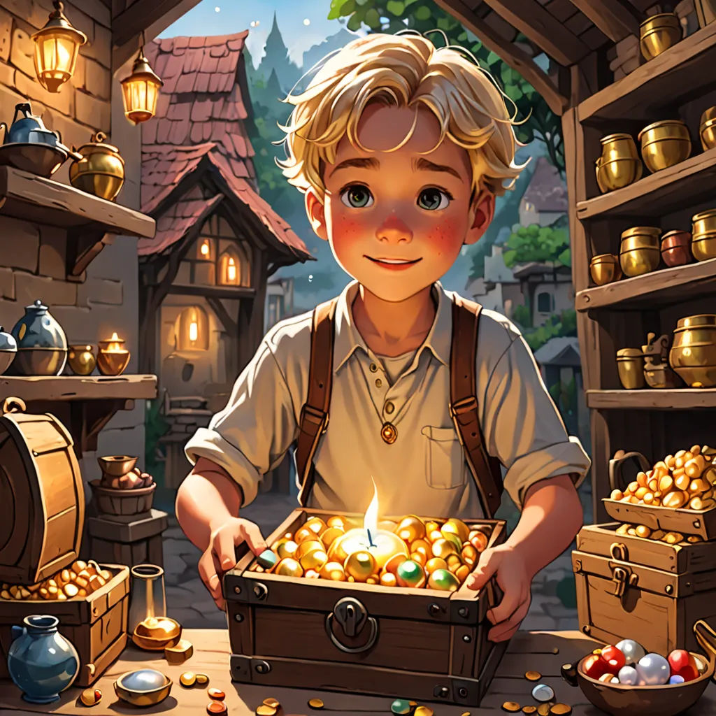 a boy holding a box of gold in a room full of gold coins and a lantern in the middle, fantasy art, a storybook illustration, Clint Cearley, rossdraws global illumination