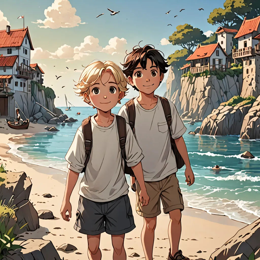 two people standing on a beach near the ocean with a boat in the background and a bird flying overhead, fantasy art, a comic book panel, Brothers Hildebrandt, cushart krenz