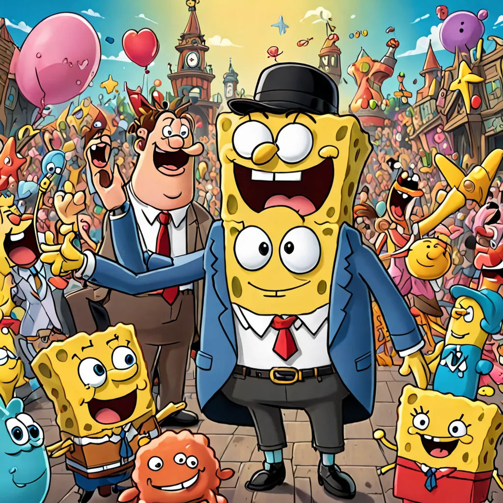 a cartoon of a man in a suit and tie surrounded by other cartoon characters and balloons in the air, sots art, concept art, Chris LaBrooy, promotional image