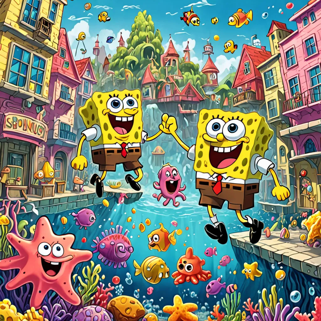 spongebob jumping in the air over a river with other cartoon characters around it and a city in the background, sots art, concept art, Chris LaBrooy, key art