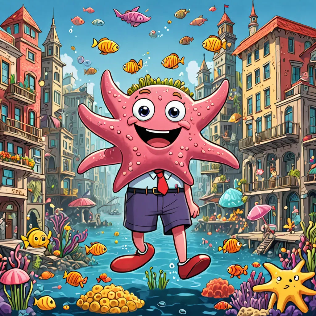 a cartoon character is jumping in the air with a starfish in his hand and a city in the background, sots art, a character portrait, Chris LaBrooy, promotional image