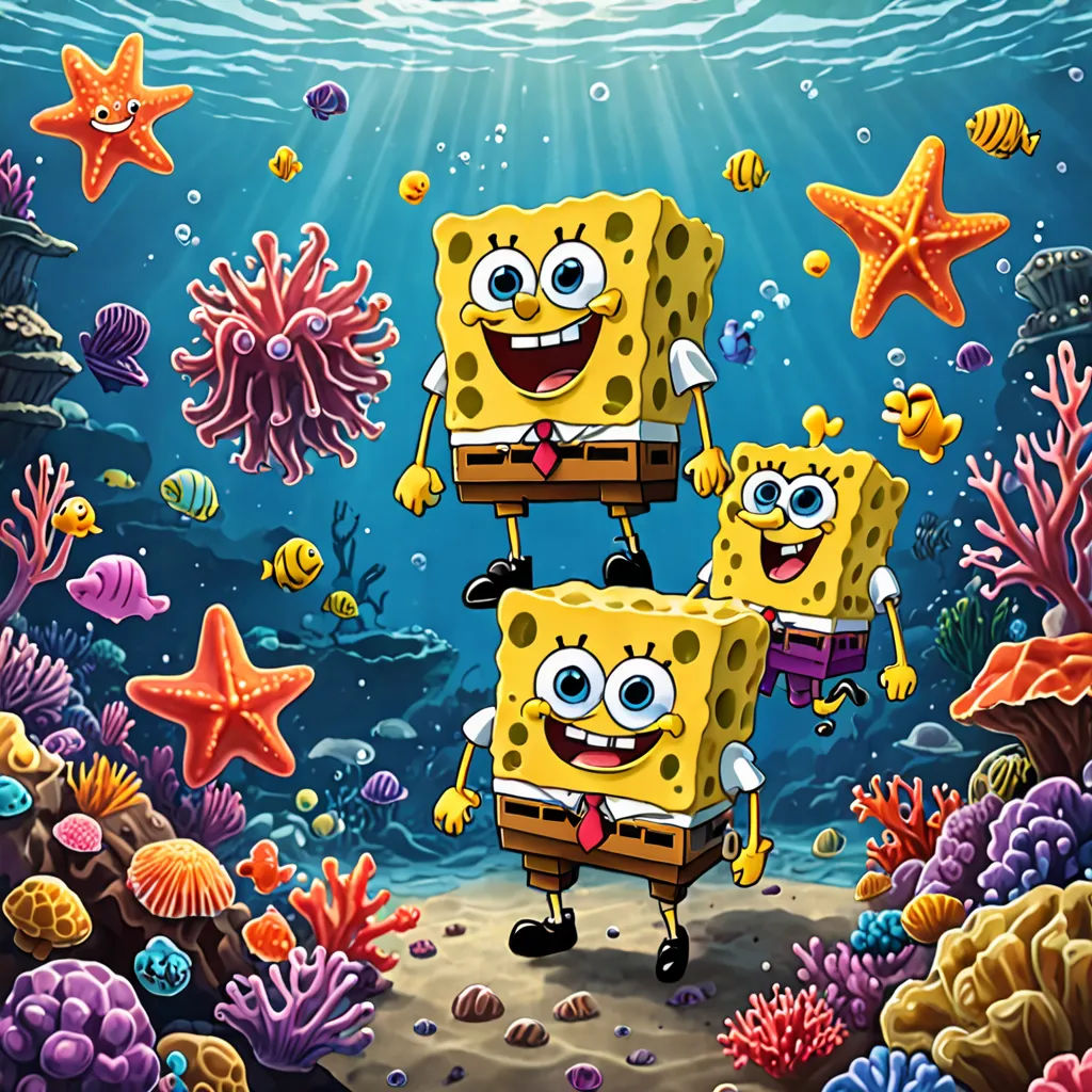 a cartoon spongebob character is standing in the ocean with two other spongebobs in front of him, sots art, concept art, Chris LaBrooy, promotional image