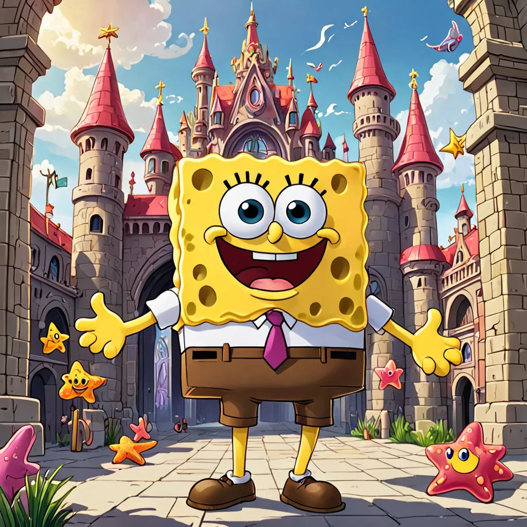 a spongebob character standing in front of a castle with a starfish and other toys around him, sots art, concept art, Chris LaBrooy, key art