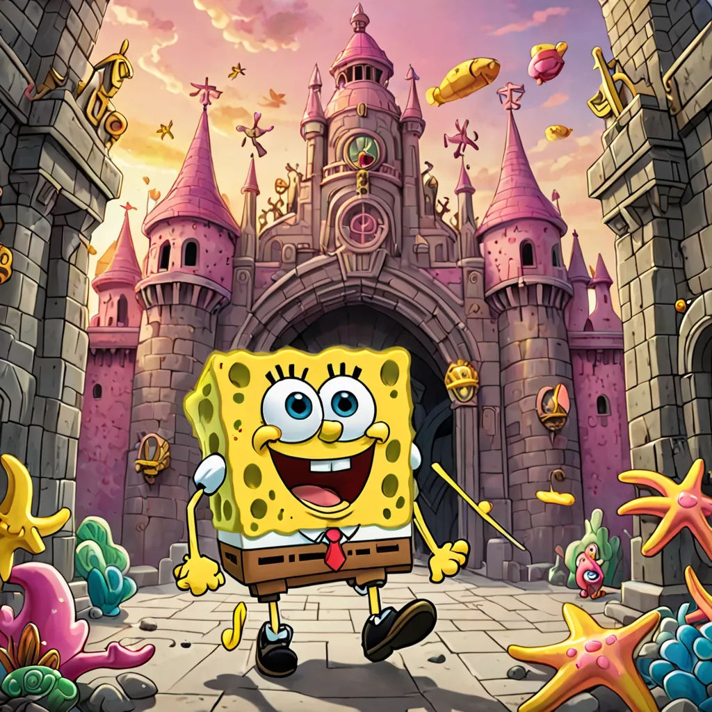 a spongebob cartoon is standing in front of a castle entrance with a starfish and a fish, sots art, concept art, Chris LaBrooy, key art