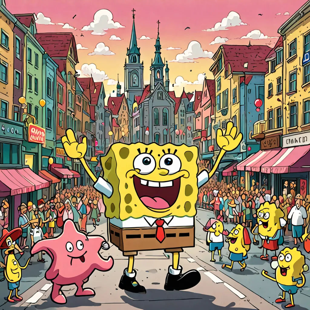 a cartoon character is standing in the middle of a crowded street with a crowd of people in the background, naive art, a comic book panel, Chris LaBrooy, promotional image