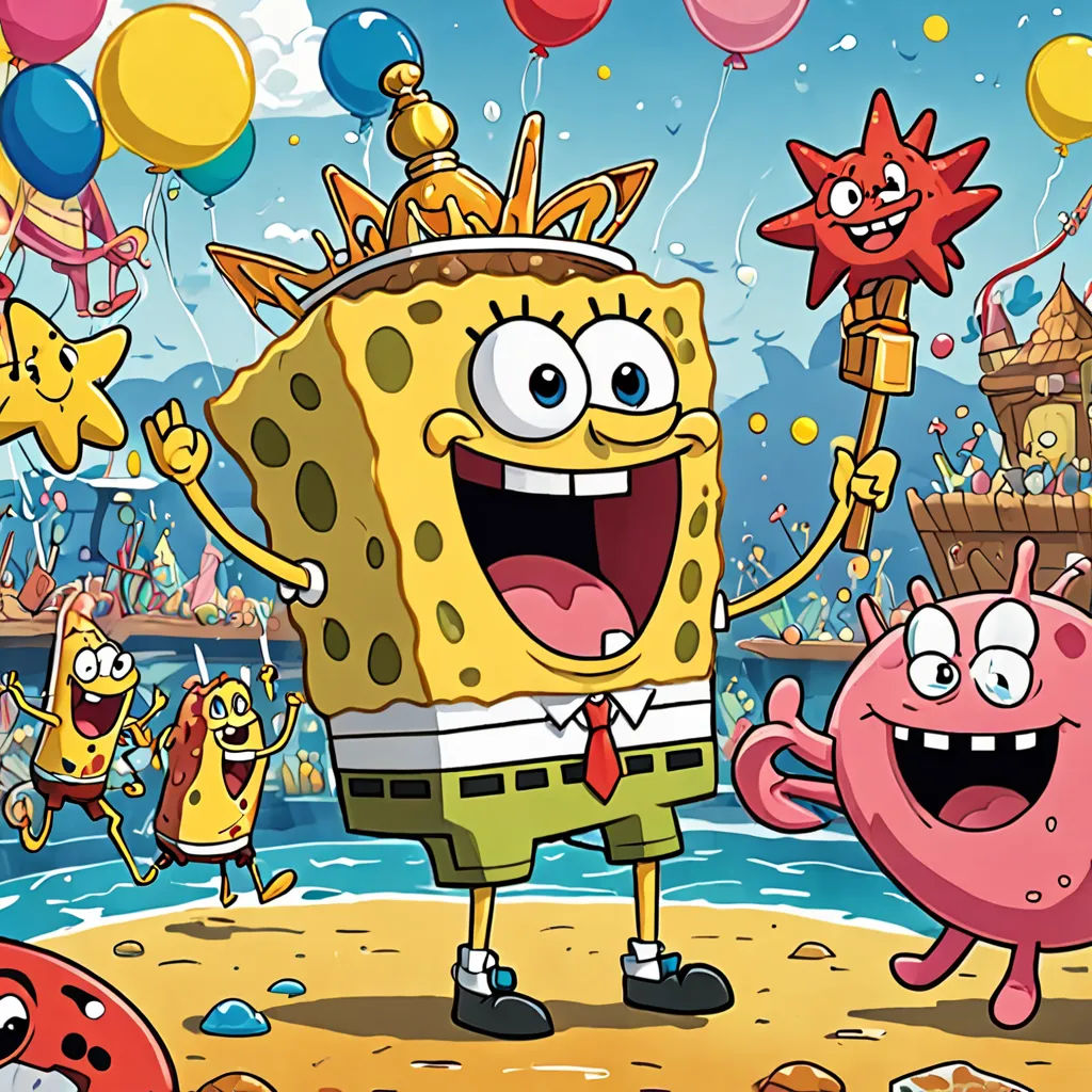 a cartoon character holding a star and a balloon in the air with other characters around him and a beach with balloons, sots art, concept art, Chris LaBrooy, promotional image