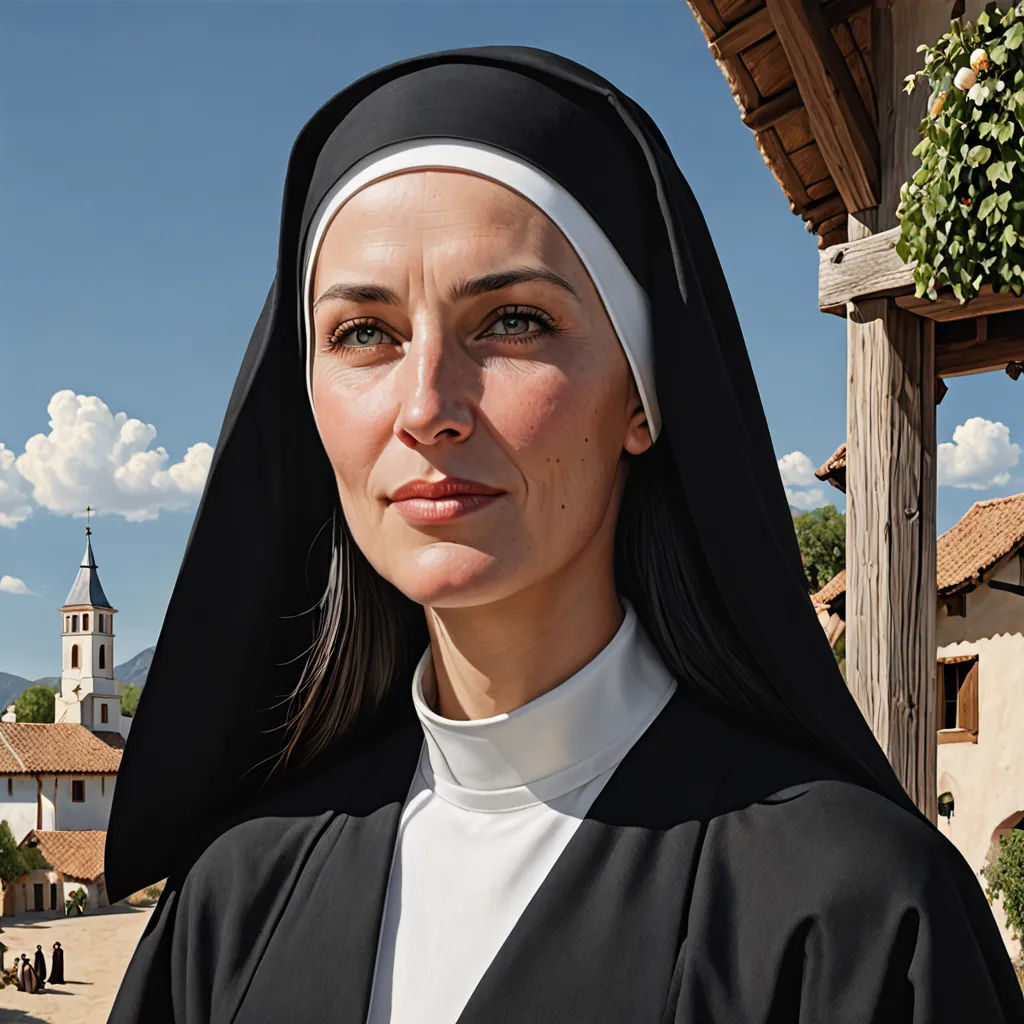 a woman in a nun outfit standing in front of a building with a clock tower in the background and a sky background, hyperrealism, an ultrafine detailed painting, Eva Gonzalès, detailed portrait