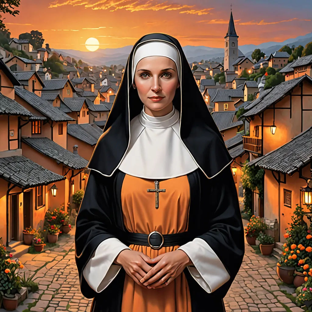 a painting of a nun standing in front of a village at sunset with a full moon in the background, american scene painting, a detailed matte painting, Brothers Hildebrandt, kinkade
