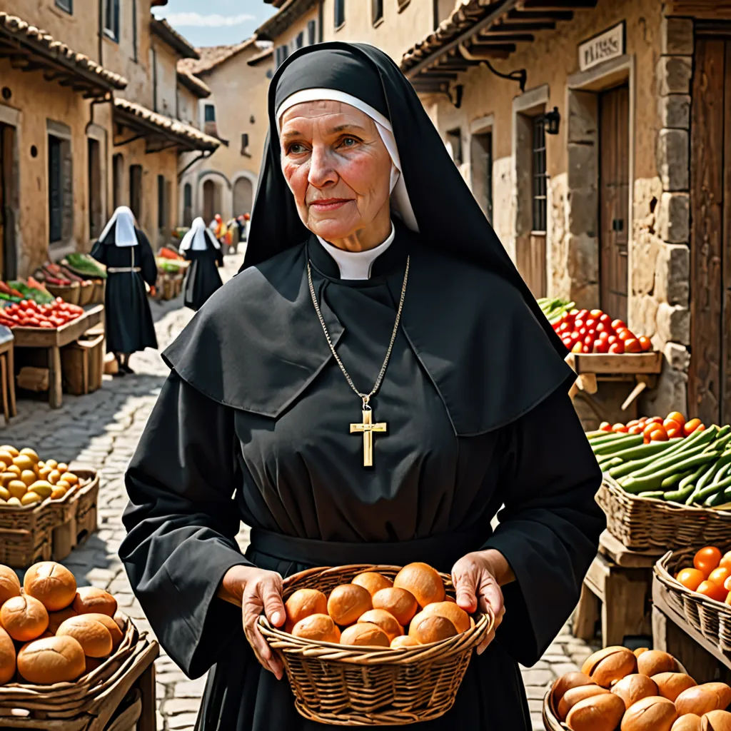 a nun holding a basket of eggs in a market place with other baskets of eggs in the background and people walking around, romanesque, a stock photo, Fra Angelico, promotional image