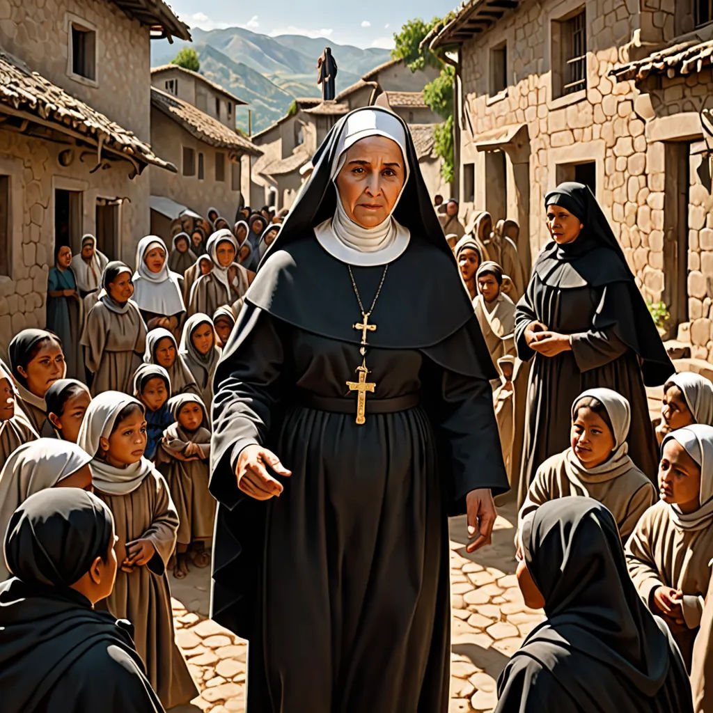 a painting of a nun leading a group of people in a village with a cross on her chest and a nun in the middle, renaissance, a detailed matte painting, Araceli Gilbert, promotional image