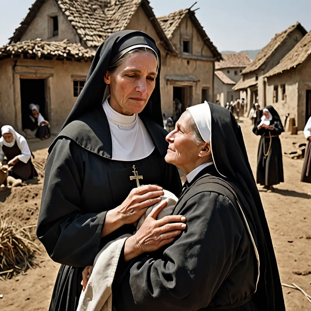 a nun and a nun holding a child in a village with houses in the background and a woman in a black robe, art photography, a poster, Dorothea Braby, promotional image
