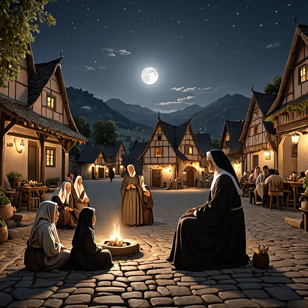 a group of people sitting around a fire pit in a village at night with a full moon in the sky, gothic art, a detailed matte painting, Brothers Hildebrandt, cinematic matte painting