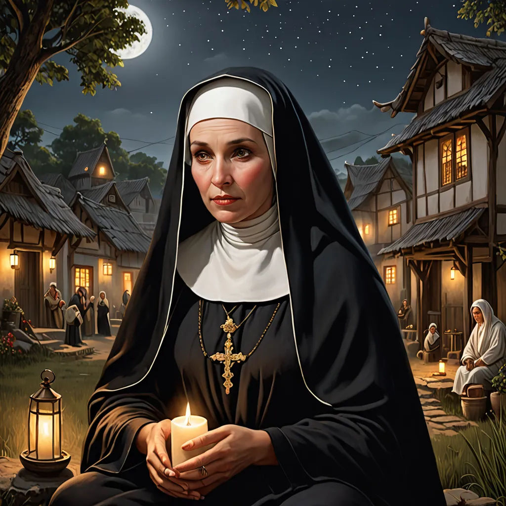 a nun holding a candle in her hands in front of a village at night with a full moon in the sky, gothic art, a detailed matte painting, Anne Stokes, kinkade