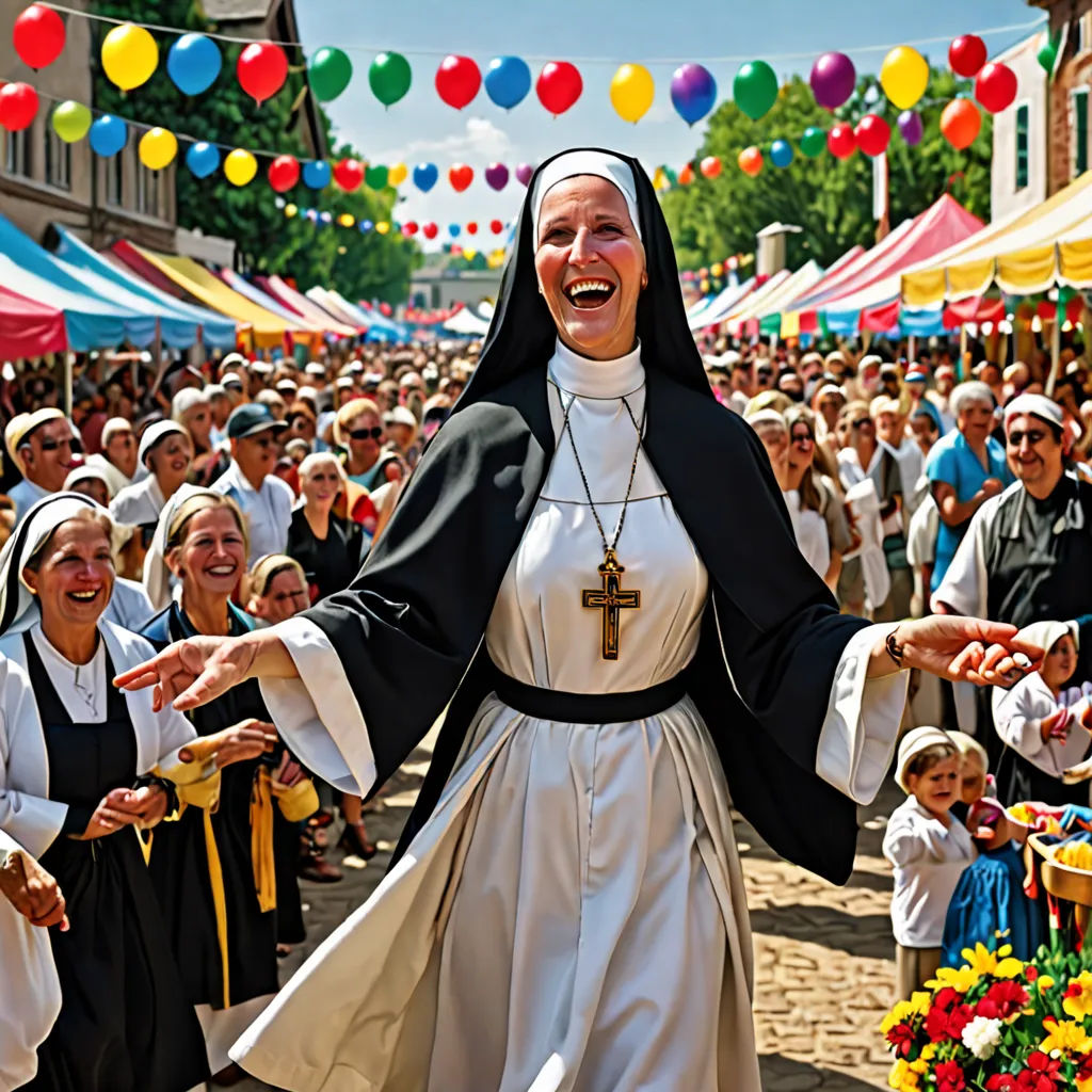 a nun dancing in a crowd of people in a village with balloons in the background and a woman in a nun costume, kitsch movement, a flemish Baroque, Eugeen Van Mieghem, promotional image