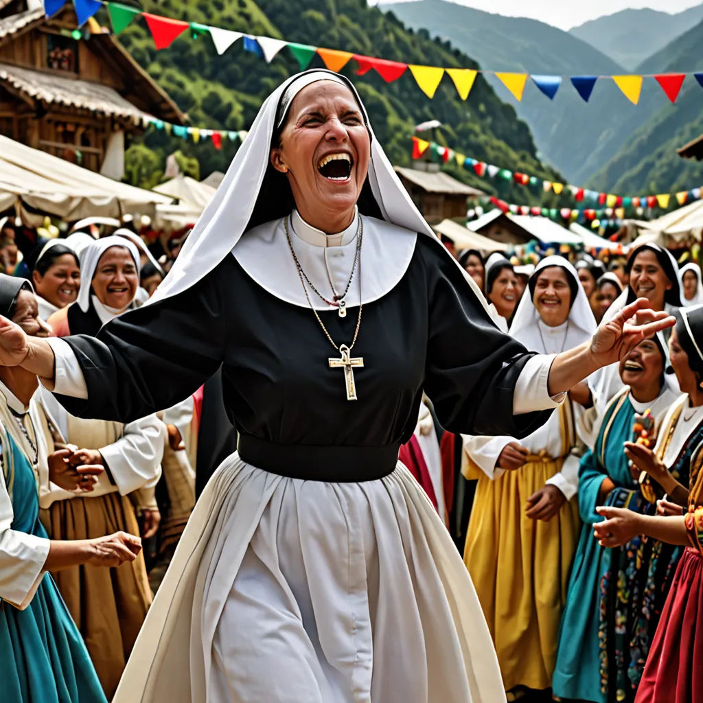 a nun singing in front of a group of people in traditional dress and headdress, with flags in the background, kitsch movement, a colorized photo, Araceli Gilbert, promotional image