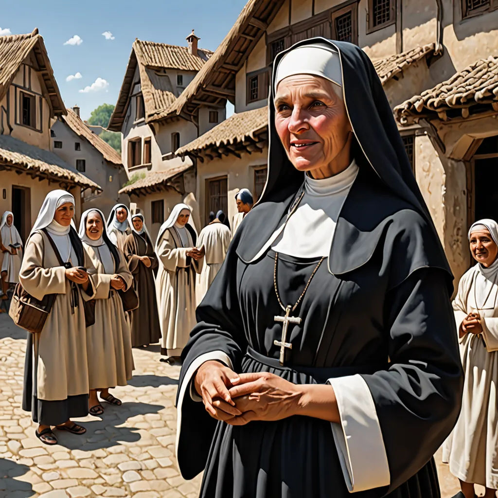 a woman in a nun outfit standing in front of a group of women in nun dresses in a village, antipodeans, a detailed matte painting, Fra Angelico, promotional image