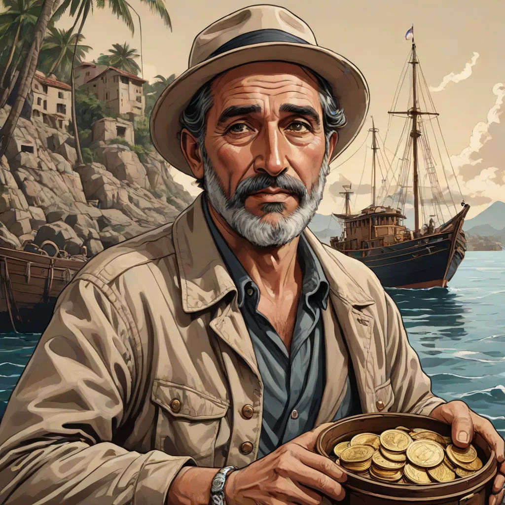 a man holding a bowl of gold coins in front of a painting of a boat and a beach with a palm tree, american realism, a character portrait, F. Scott Hess, promotional image