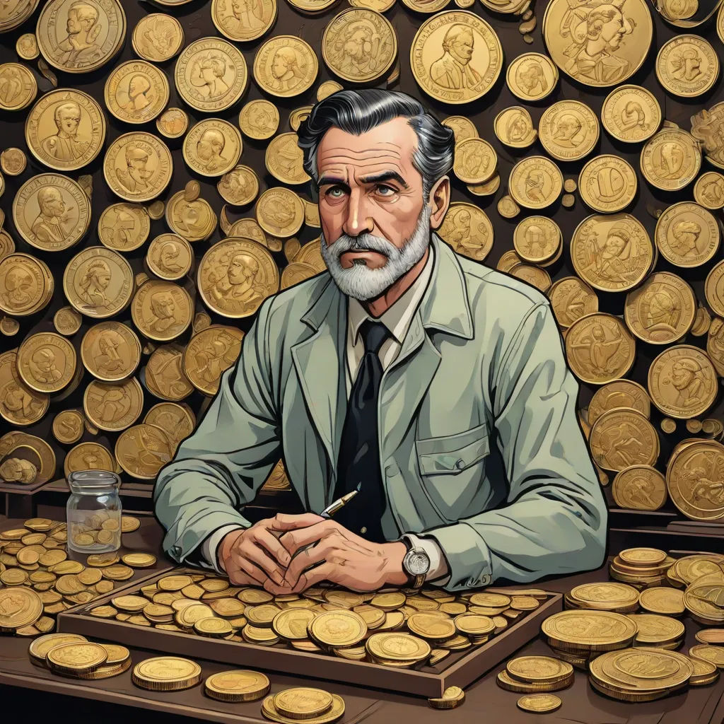 a painting of a man sitting at a table with a lot of gold coins behind him and a jar of coins behind him, serial art, a bronze sculpture, Edward Otho Cresap Ord, II, official art