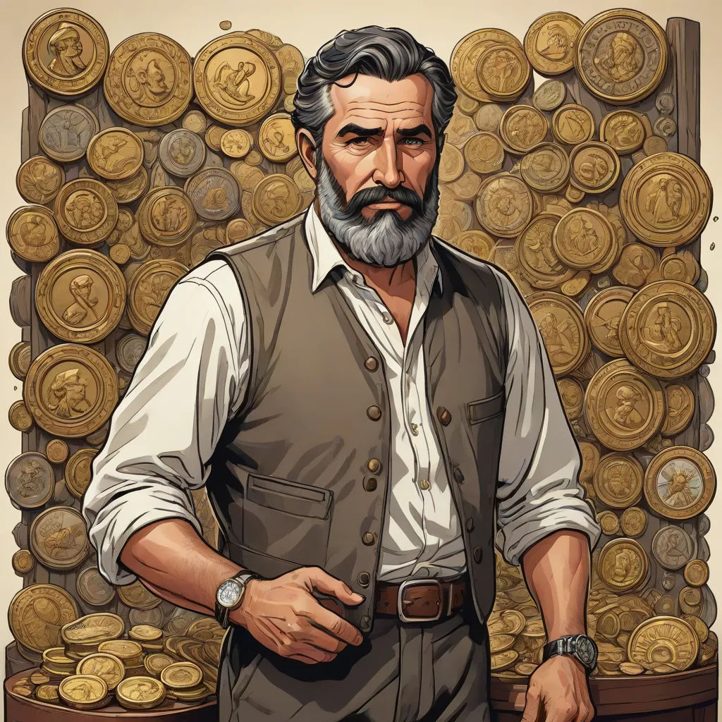 a man with a beard and a beard standing in front of a pile of gold coins with a watch on his wrist, sots art, a character portrait, Diego Giacometti, game art