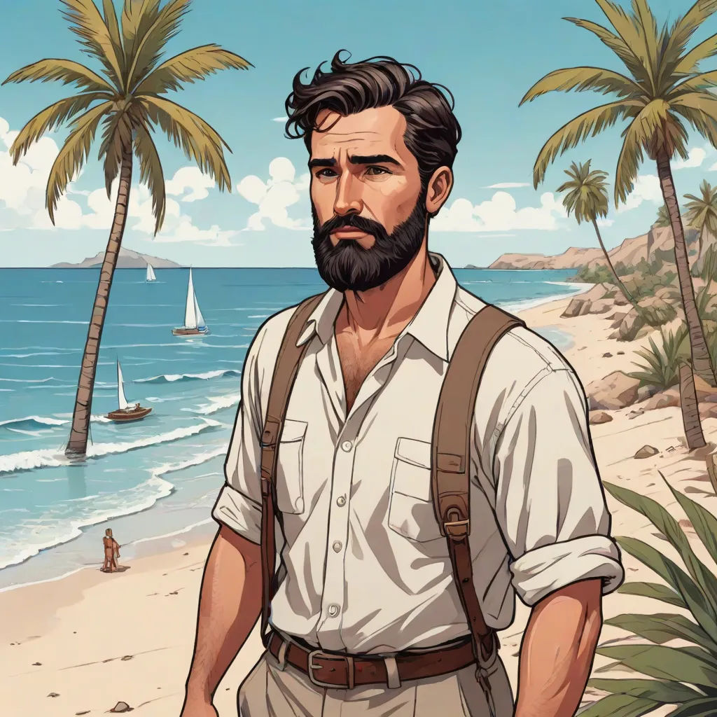 a man with a beard and a backpack on a beach with palm trees and a boat in the water, serial art, a character portrait, Edward Otho Cresap Ord, II, official art