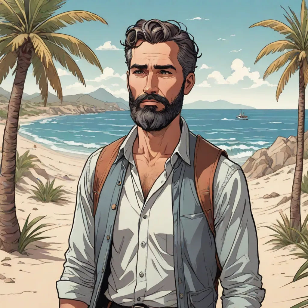 a man with a beard and a beard standing in front of a beach with palm trees and a boat, serial art, a character portrait, Estuardo Maldonado, character portrait